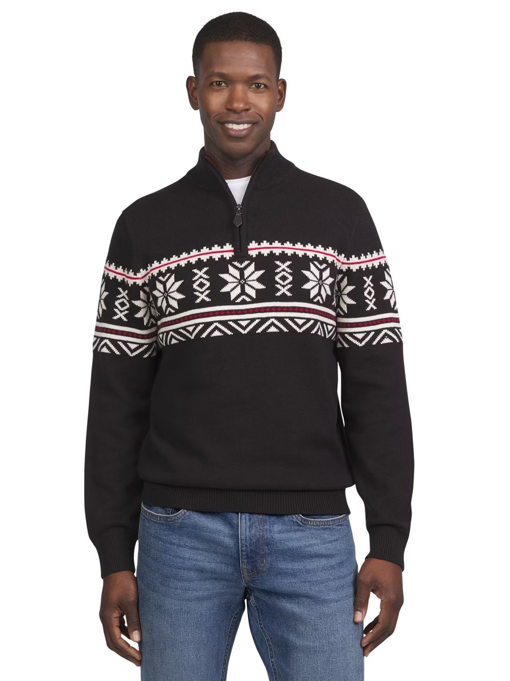 CHAPS Men’s Fair Isle Snowflake 1/4 Zip Sweater Black Red White Nordic M Med #97